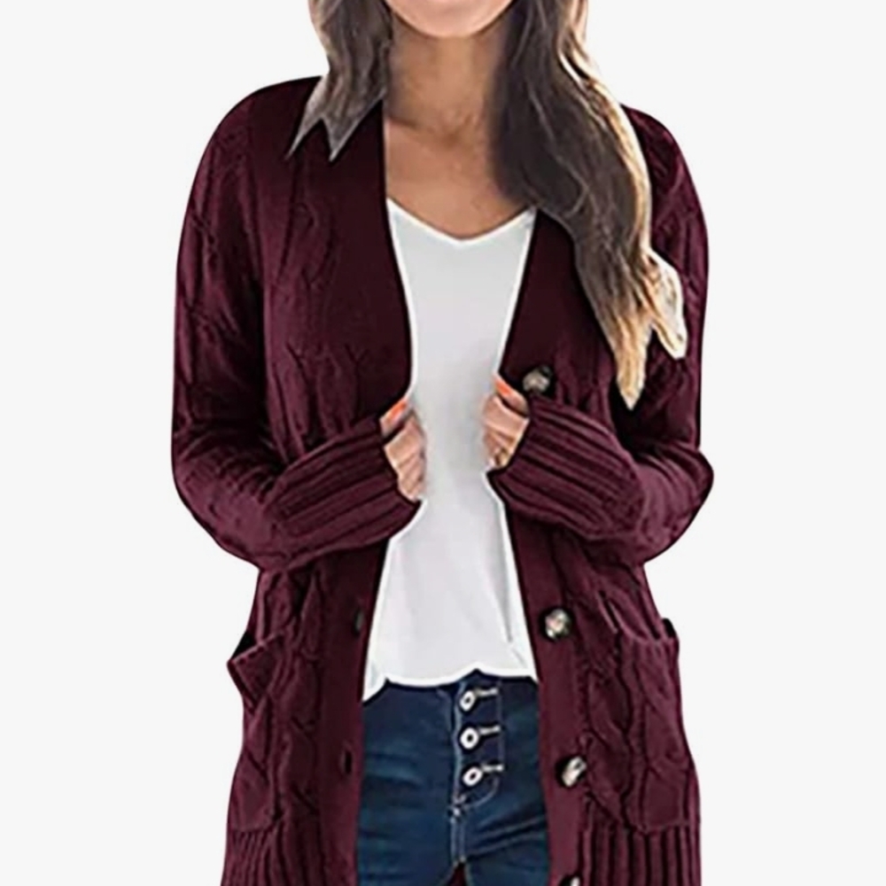 Women's Burgundy Cable Knit Cardigan Size L